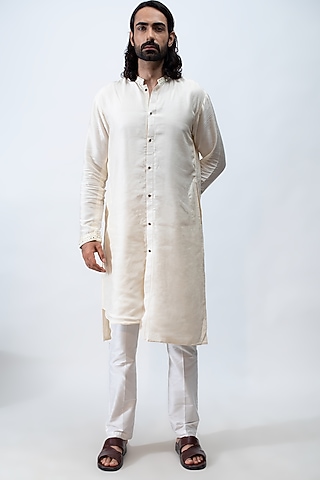 Ivory Embroidered High-Low Kurta Set by KAKA CALCUTTA
