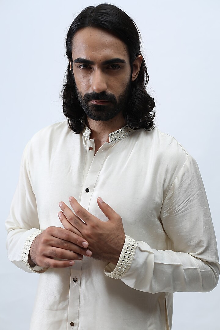 Ivory Embroidered High-Low Kurta Set by KAKA CALCUTTA at Pernia's Pop Up Shop