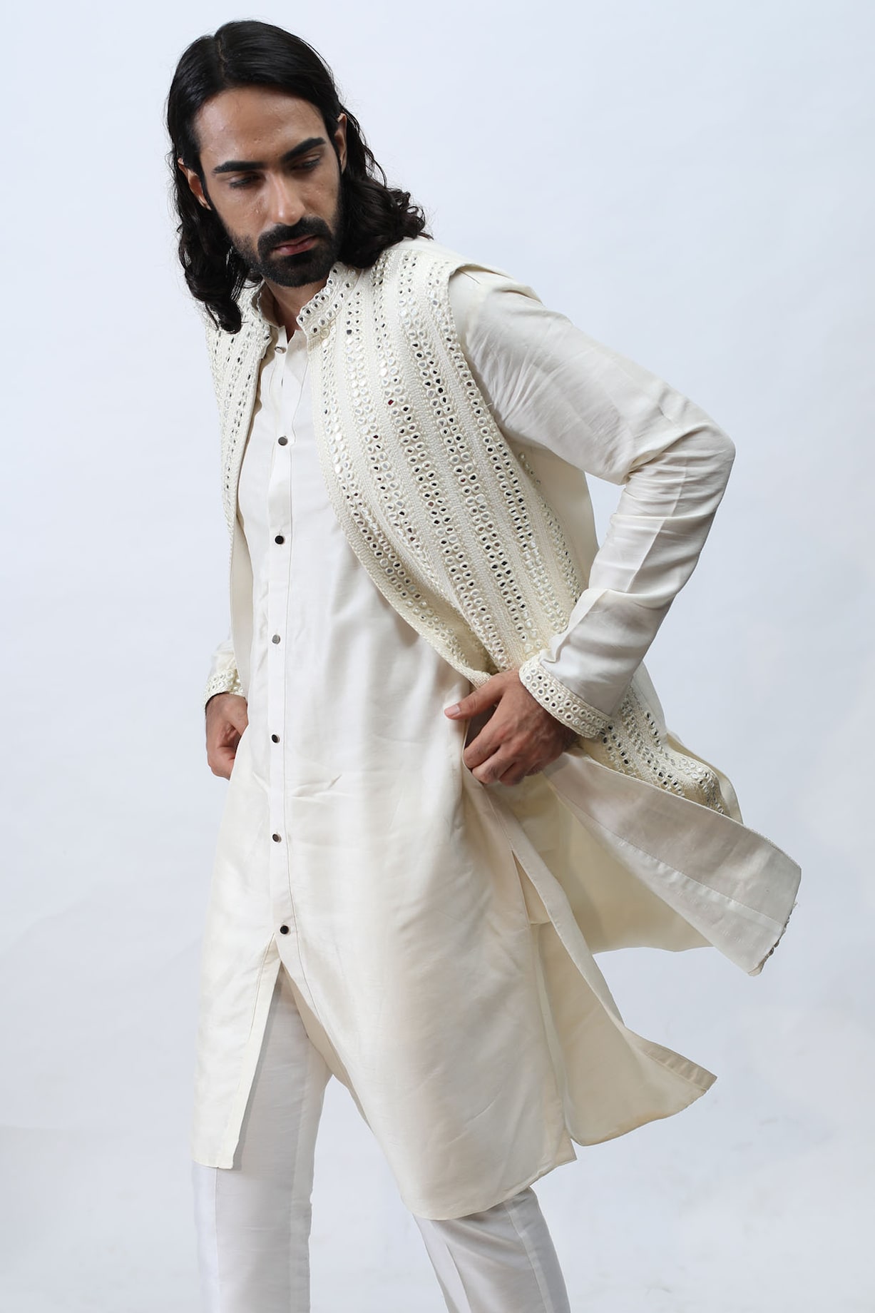 Ivory Bam Silk Mirror Embroidered Achkan Jacket by KAKA CALCUTTA