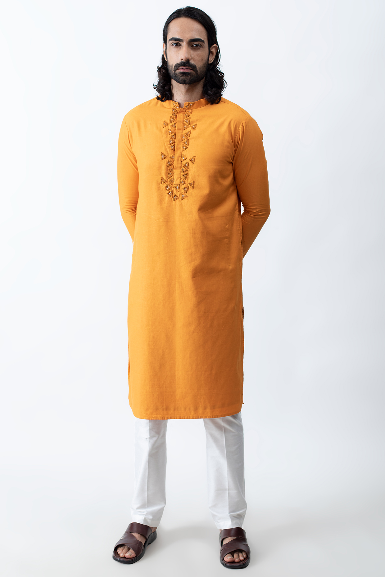 Tangerine Cotton Satin French-Knot Embroidered Kurta Set by KAKA CALCUTTA