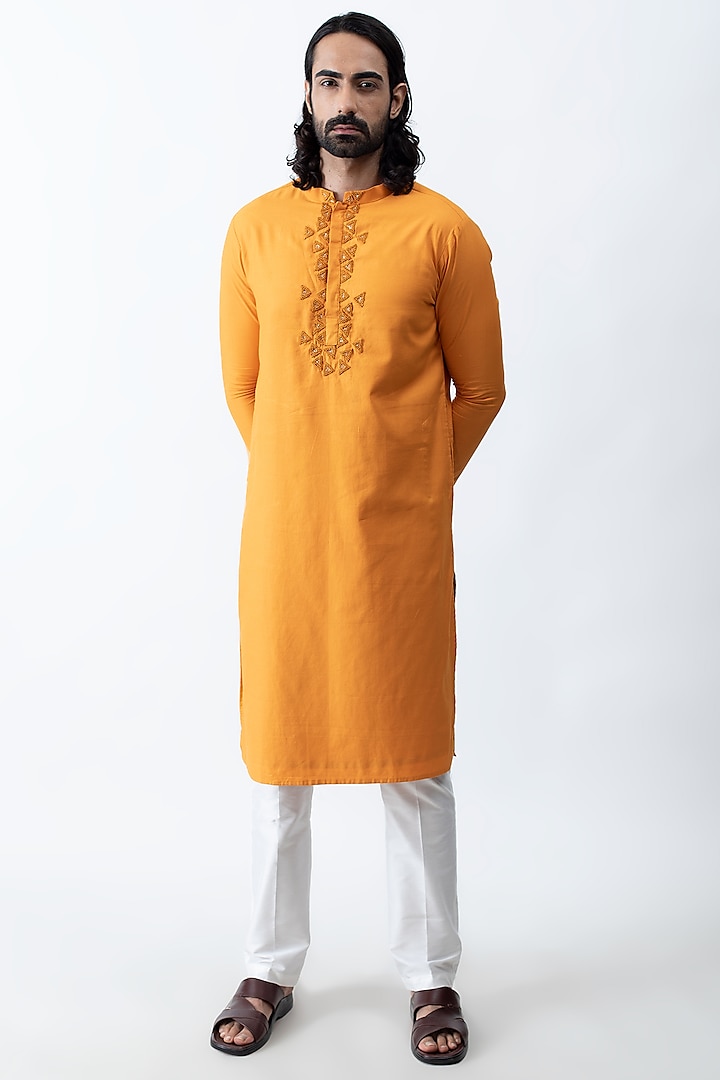 Tangerine Cotton Satin French-Knot Embroidered Kurta Set by KAKA CALCUTTA