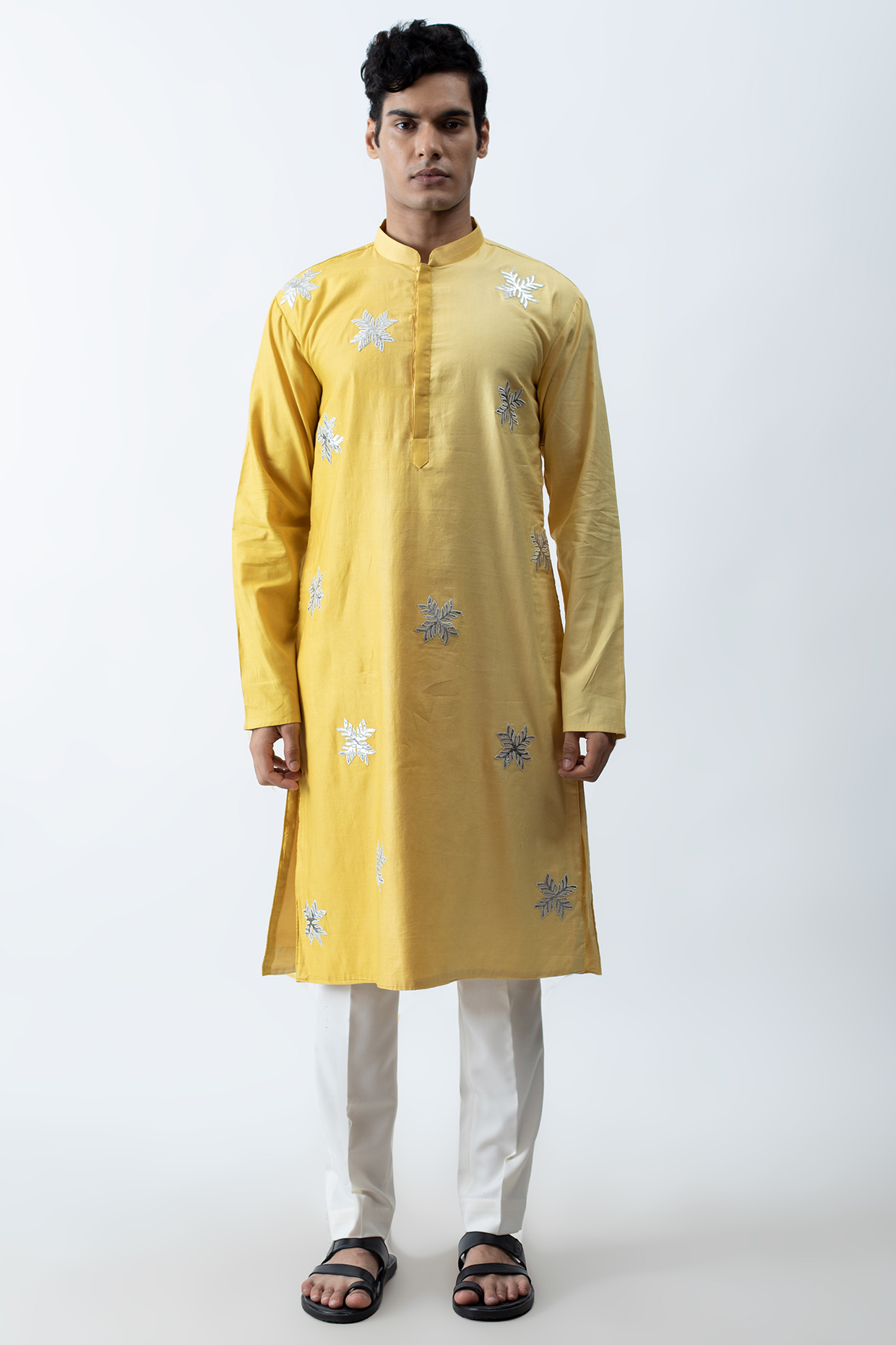 Yellow Ombre Cotton Satin Applique Embroidered Kurta Set by KAKA CALCUTTA