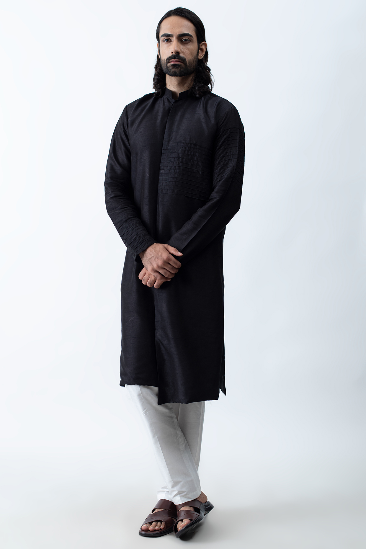 Black Pintucked Kurta Set by KAKA CALCUTTA
