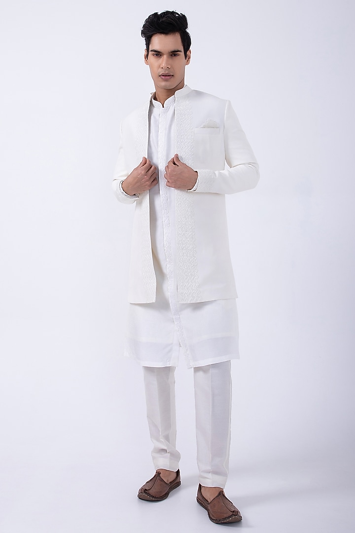 Ivory Suiting Hand Embroidered Open Achkan Jacket by KAKA CALCUTTA at Pernia's Pop Up Shop
