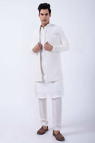 Ivory Suiting Hand Embroidered Open Achkan Jacket by KAKA CALCUTTA