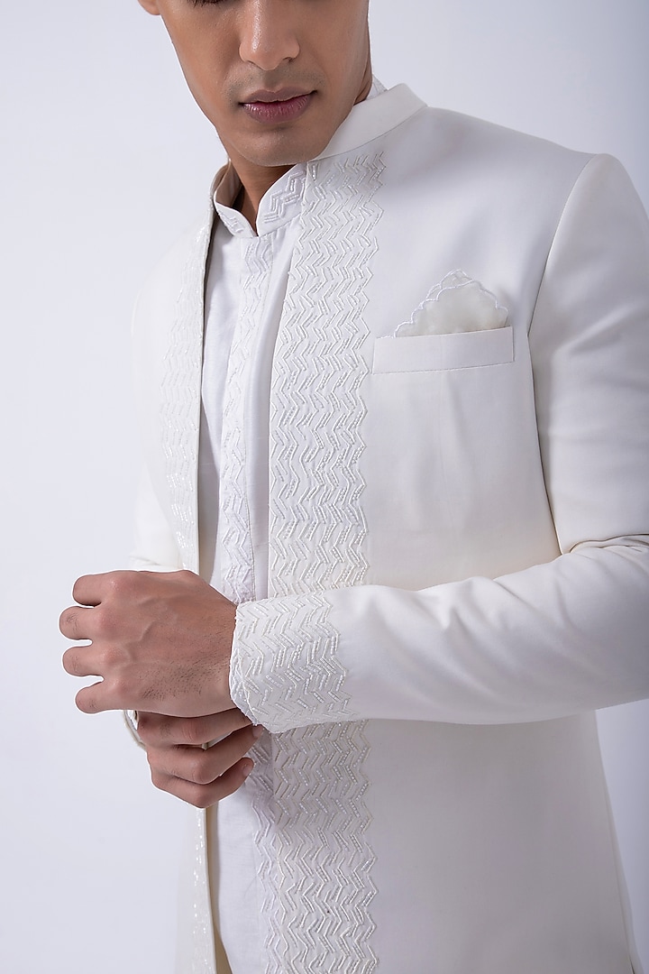 Ivory Suiting Hand Embroidered Open Achkan Jacket by KAKA CALCUTTA at Pernia's Pop Up Shop