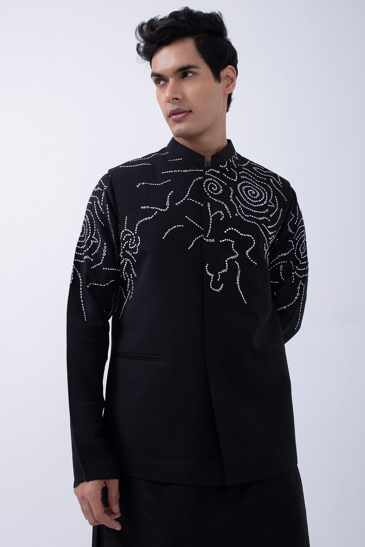 Black Suiting Abstract Embroidered Bundi Jacket by KAKA CALCUTTA at Pernia's Pop Up Shop