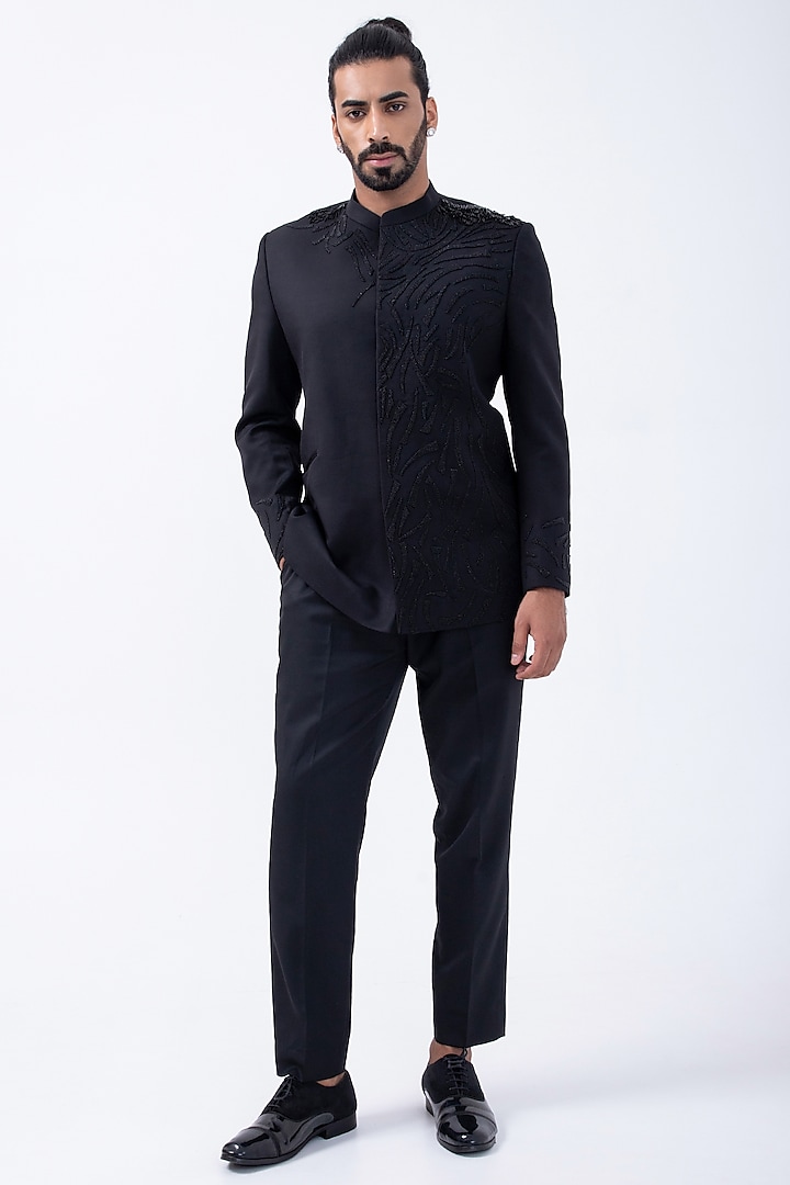 Black Suiting 3D Hand Embroidered Bandhgala Set by KAKA CALCUTTA at Pernia's Pop Up Shop