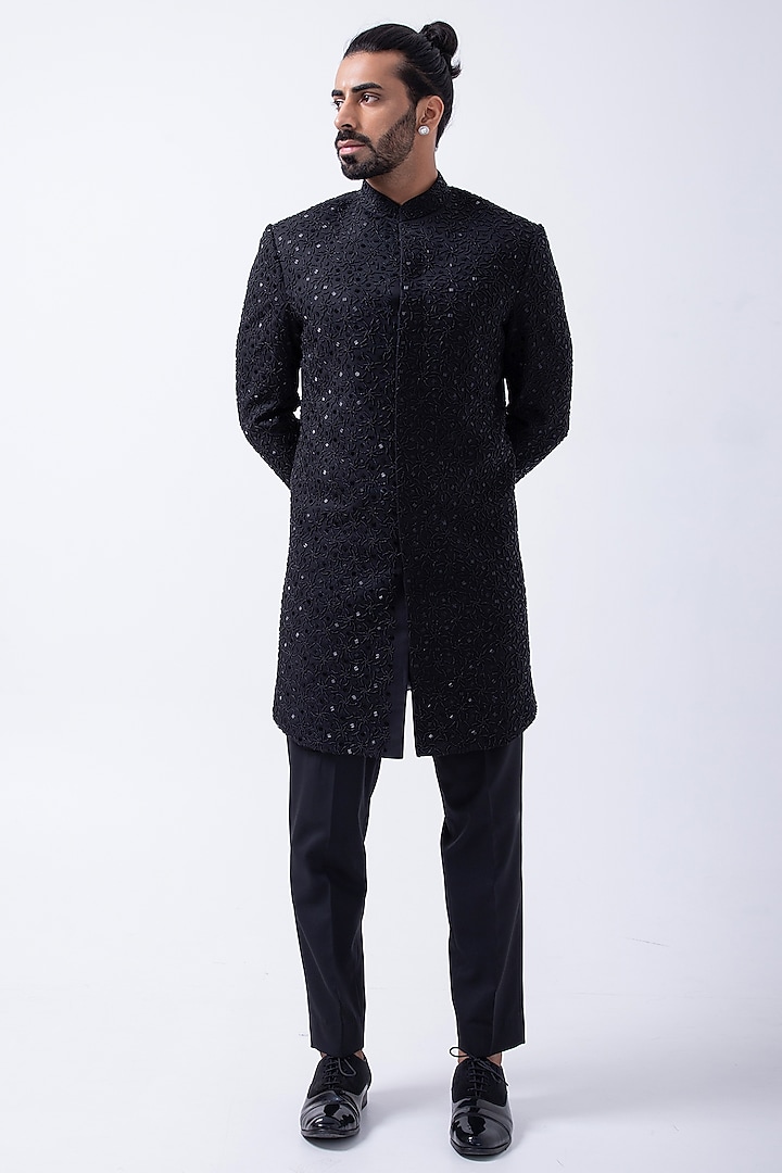 Black Suiting Hand Embroidered Indo-Western Set by KAKA CALCUTTA at Pernia's Pop Up Shop