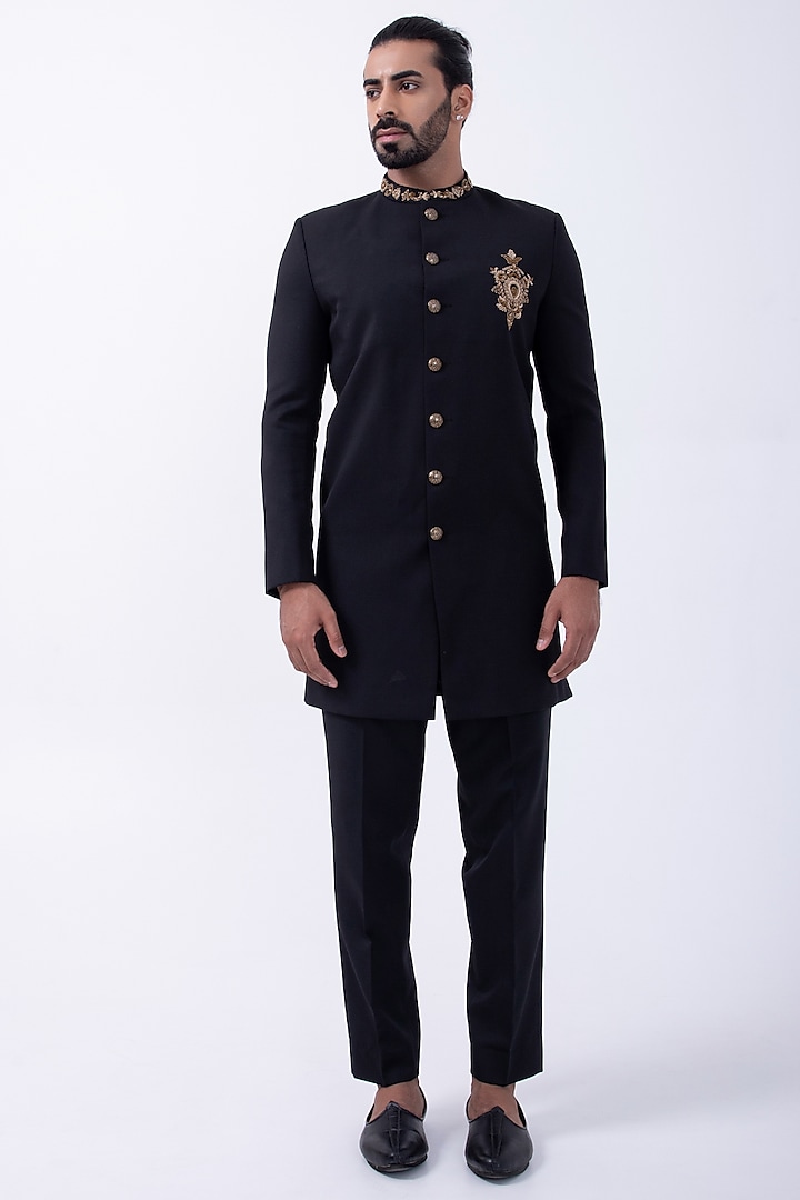 Black Suiting Hand Embroidered Bandhgala Set by KAKA CALCUTTA at Pernia's Pop Up Shop