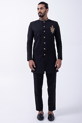 Black Suiting Hand Embroidered Bandhgala Set by KAKA CALCUTTA
