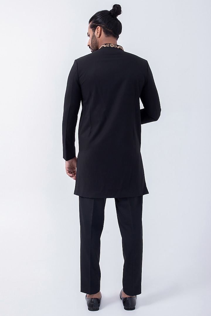 Black Suiting Hand Embroidered Wedding Bandhgala Set by KAKA CALCUTTA at Pernia's Pop Up Shop