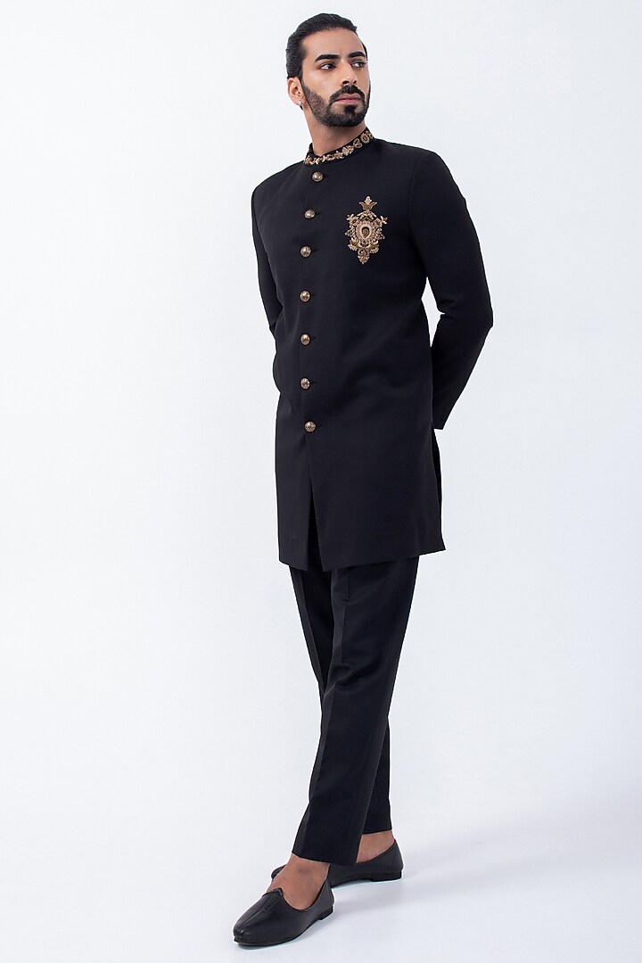 Black Suiting Hand Embroidered Wedding Bandhgala Set by KAKA CALCUTTA at Pernia's Pop Up Shop