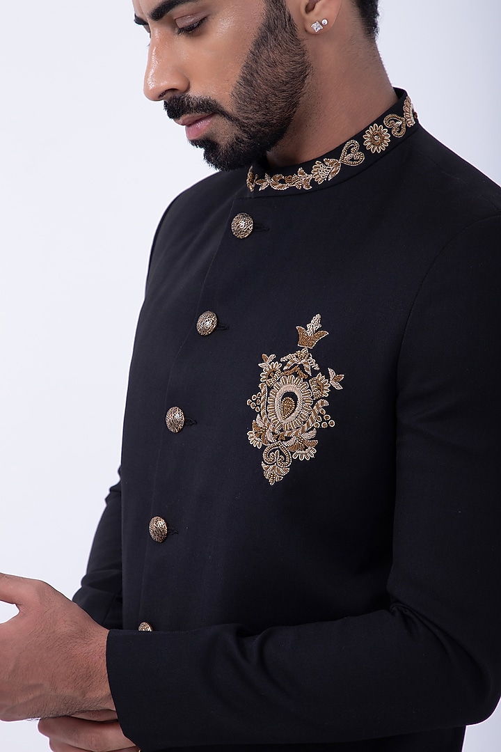 Black Suiting Hand Embroidered Wedding Bandhgala Set by KAKA CALCUTTA at Pernia's Pop Up Shop