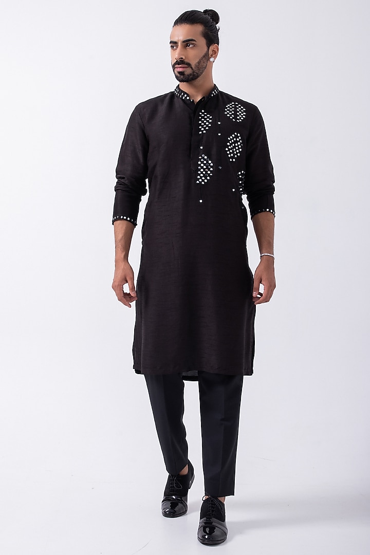 Black Bam Silk Mirror Embroidered Kurta Set by KAKA CALCUTTA