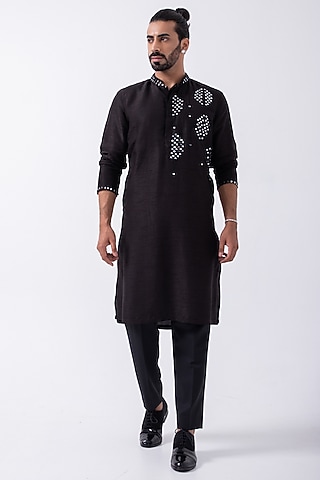 Black Bam Silk Mirror Embroidered Kurta Set by KAKA CALCUTTA