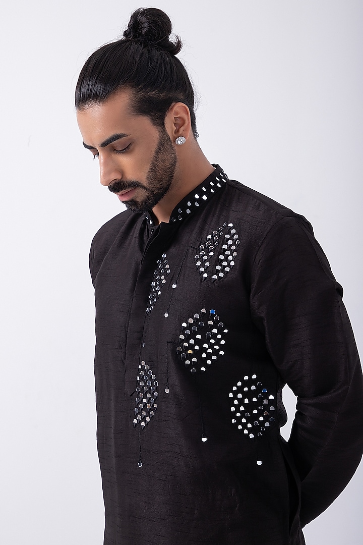 Black Bam Silk Mirror Embroidered Kurta Set by KAKA CALCUTTA at Pernia's Pop Up Shop