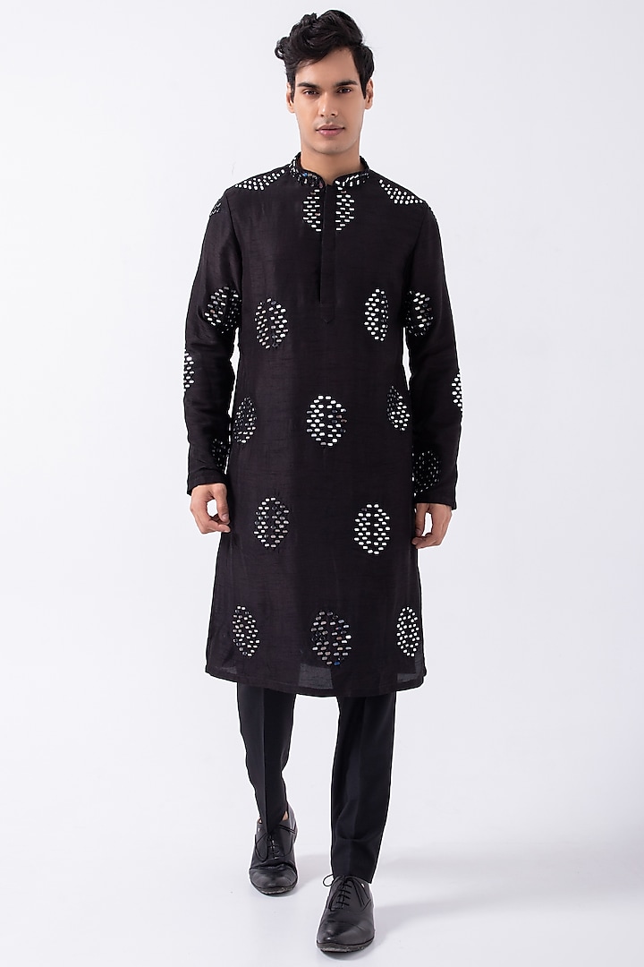 Black Bam Silk Mirror Embroidered Kurta Set by KAKA CALCUTTA