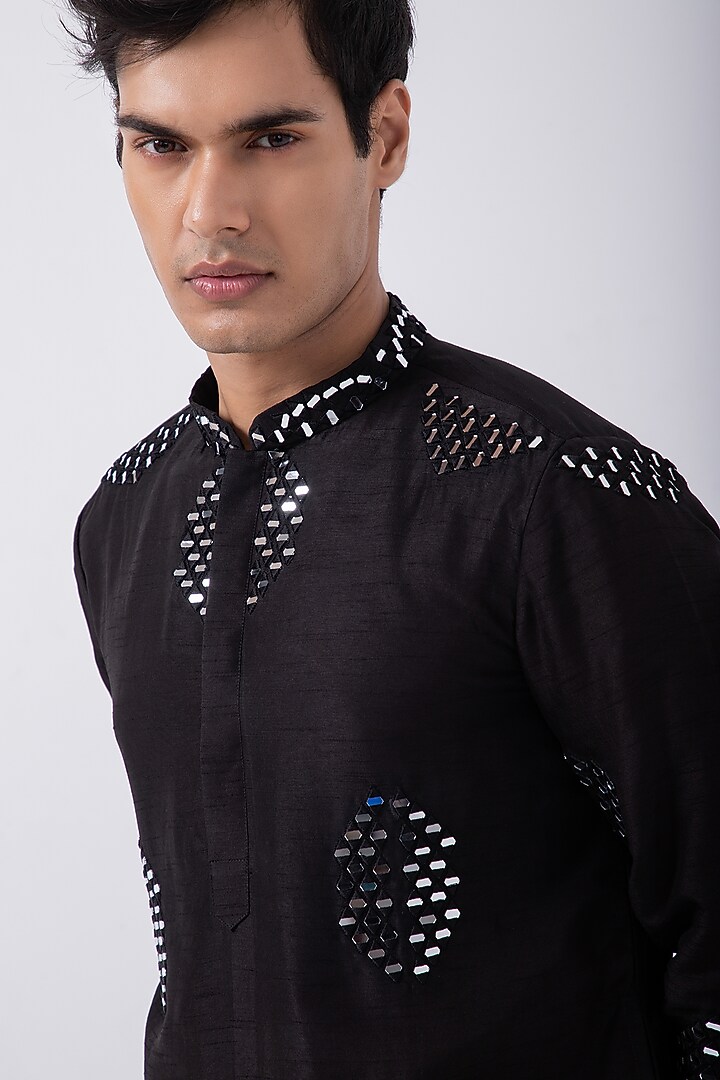 Black Bam Silk Mirror Embroidered Kurta Set by KAKA CALCUTTA at Pernia's Pop Up Shop
