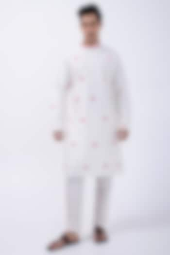 Ivory Bam Silk Lotus Embroidered Kurta Set by KAKA CALCUTTA at Pernia's Pop Up Shop