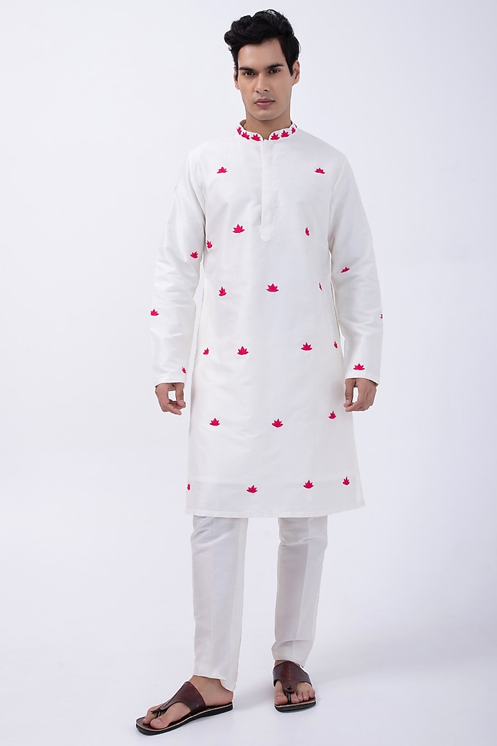 Ivory Bam Silk Lotus Embroidered Kurta Set by KAKA CALCUTTA at Pernia's Pop Up Shop