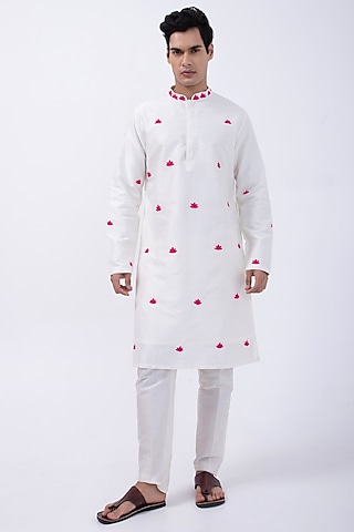 Ivory Bam Silk Lotus Embroidered Kurta Set by KAKA CALCUTTA