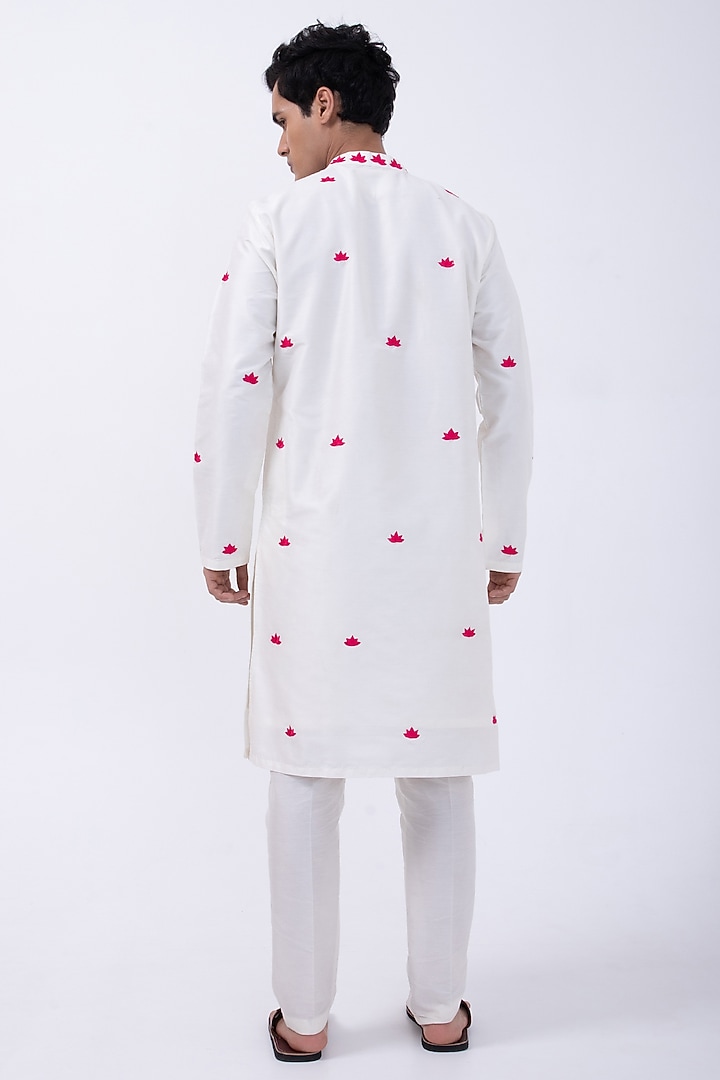 Ivory Bam Silk Lotus Embroidered Kurta Set by KAKA CALCUTTA at Pernia's Pop Up Shop