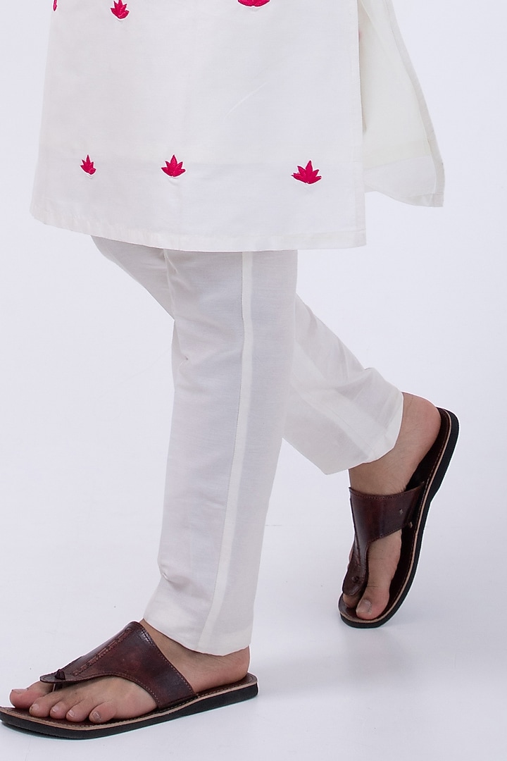 Ivory Bam Silk Lotus Embroidered Kurta Set by KAKA CALCUTTA at Pernia's Pop Up Shop