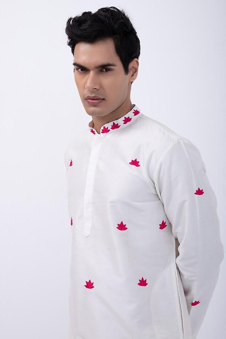 Ivory Bam Silk Lotus Embroidered Kurta Set by KAKA CALCUTTA at Pernia's Pop Up Shop