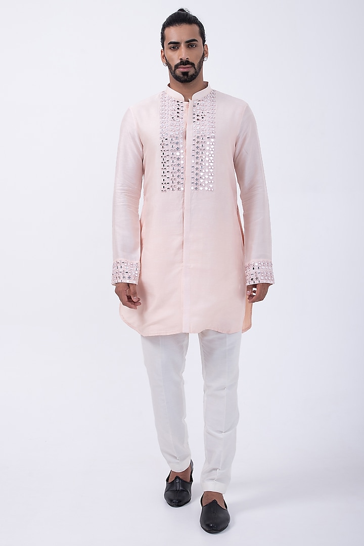 Peach Bam Silk Mirror Embroidered Kurta Set by KAKA CALCUTTA at Pernia's Pop Up Shop