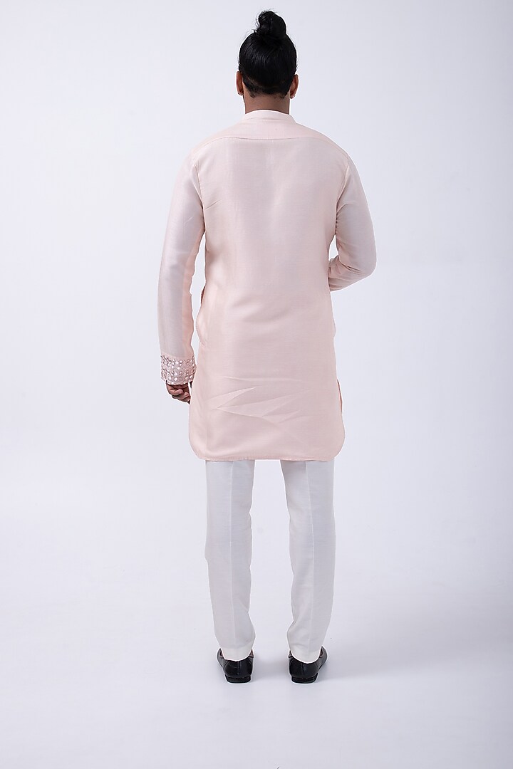 Peach Bam Silk Mirror Embroidered Kurta Set by KAKA CALCUTTA at Pernia's Pop Up Shop