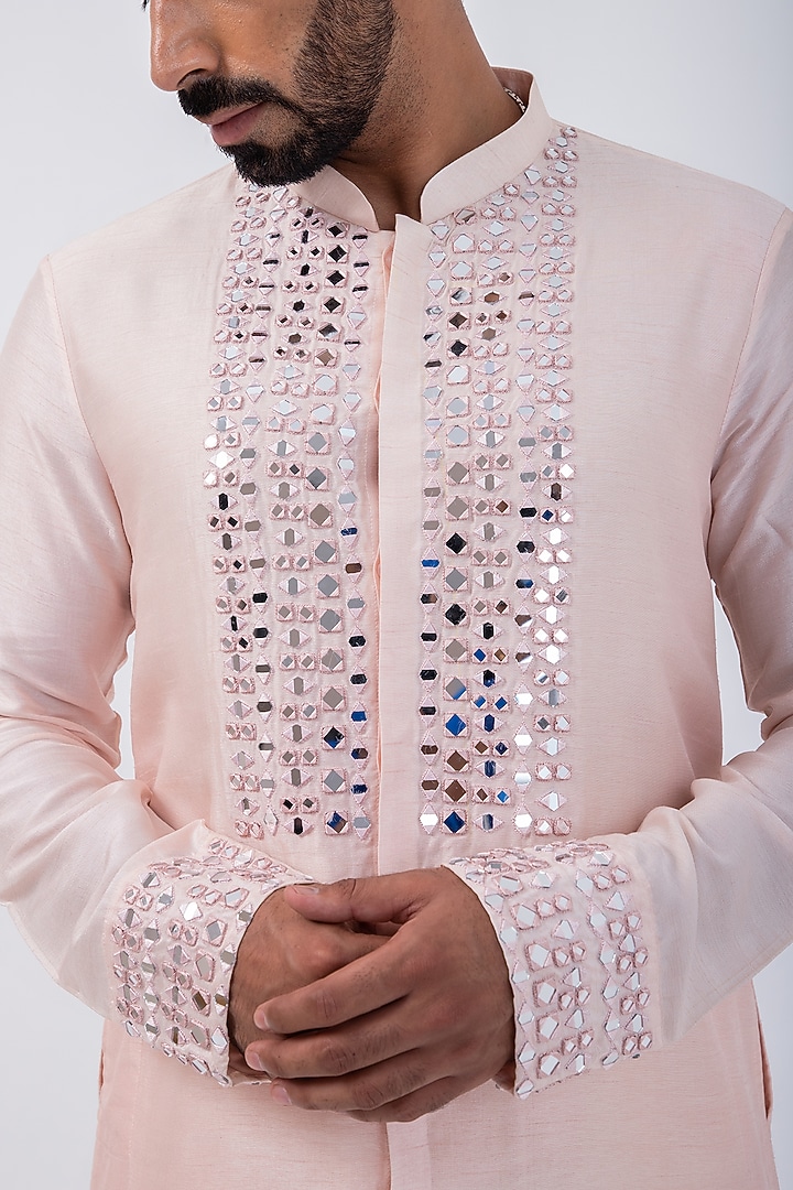 Peach Bam Silk Mirror Embroidered Kurta Set by KAKA CALCUTTA at Pernia's Pop Up Shop