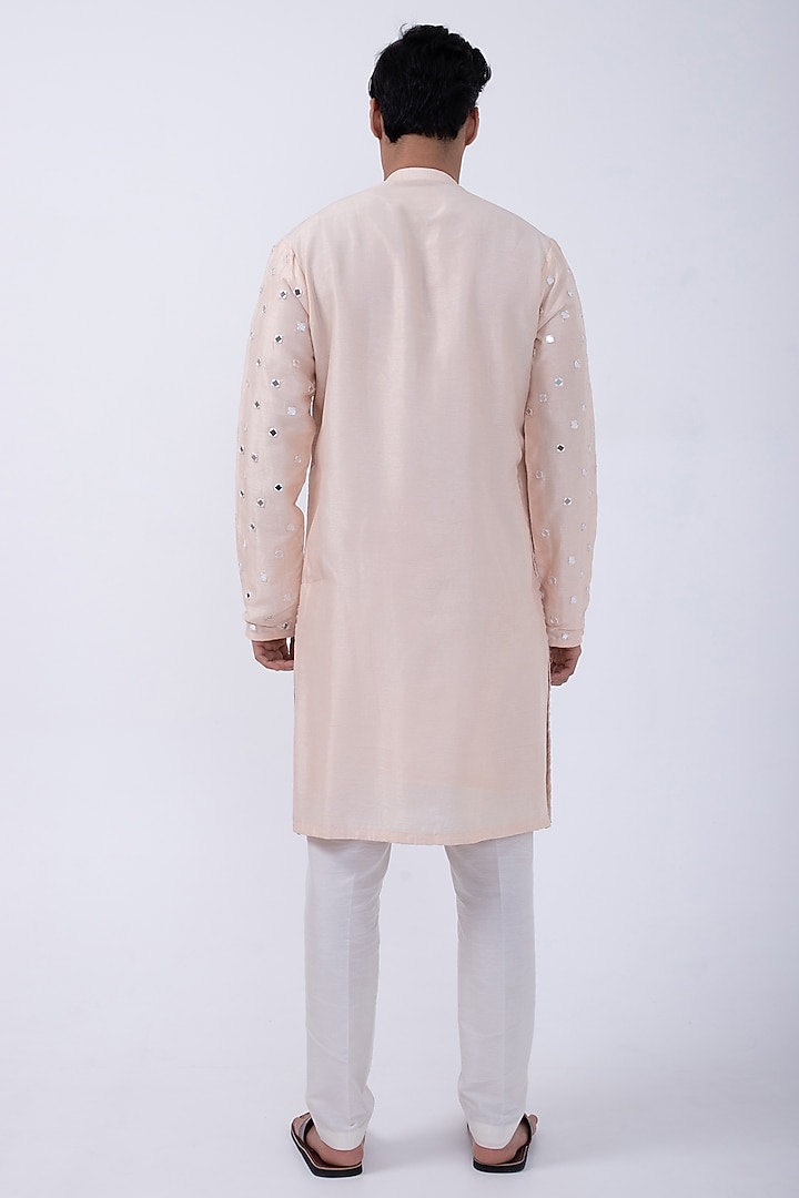Peach Bam Silk Mirror Embroidered Kurta Set by KAKA CALCUTTA at Pernia's Pop Up Shop