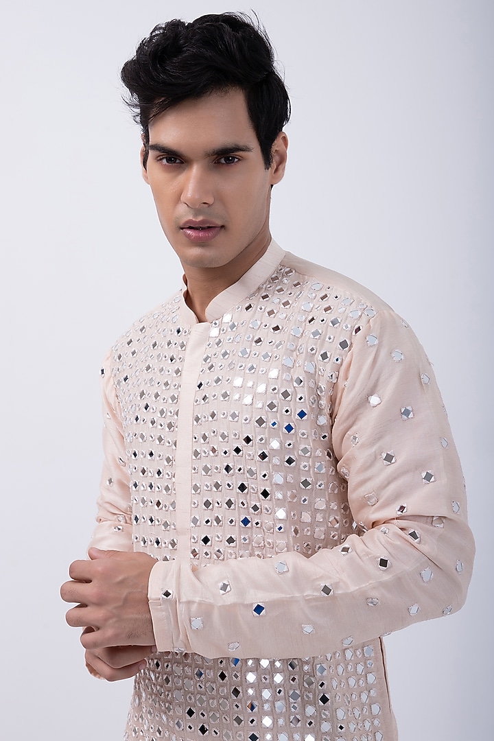 Peach Bam Silk Mirror Embroidered Kurta Set by KAKA CALCUTTA at Pernia's Pop Up Shop