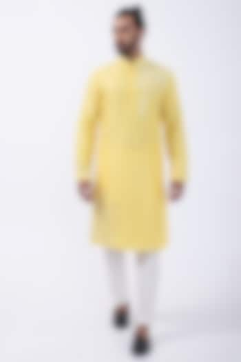 Yellow Bam Silk Mirror Embroidered Kurta Set by KAKA CALCUTTA