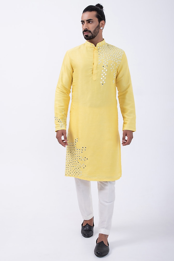 Yellow Bam Silk Mirror Embroidered Kurta Set by KAKA CALCUTTA