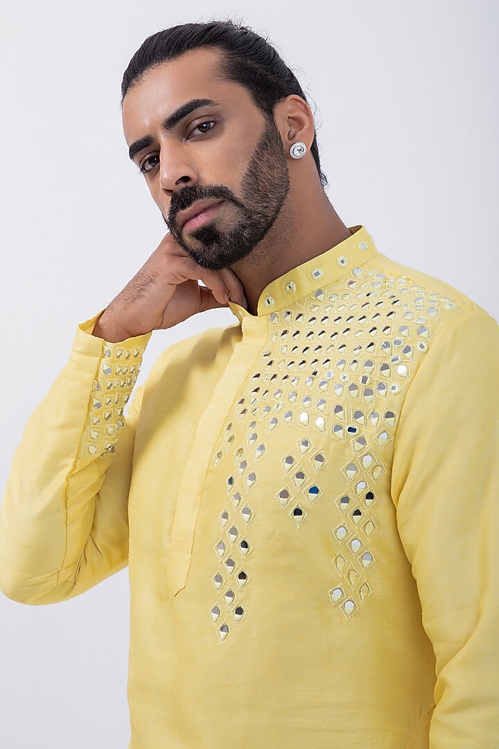 Yellow Bam Silk Mirror Embroidered Kurta Set by KAKA CALCUTTA at Pernia's Pop Up Shop