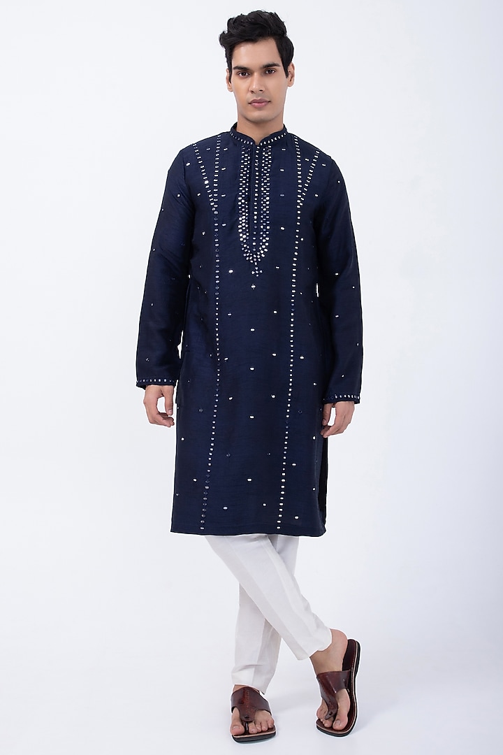 Navy Blue Bam Silk Mirror Embroidered Kurta Set by KAKA CALCUTTA