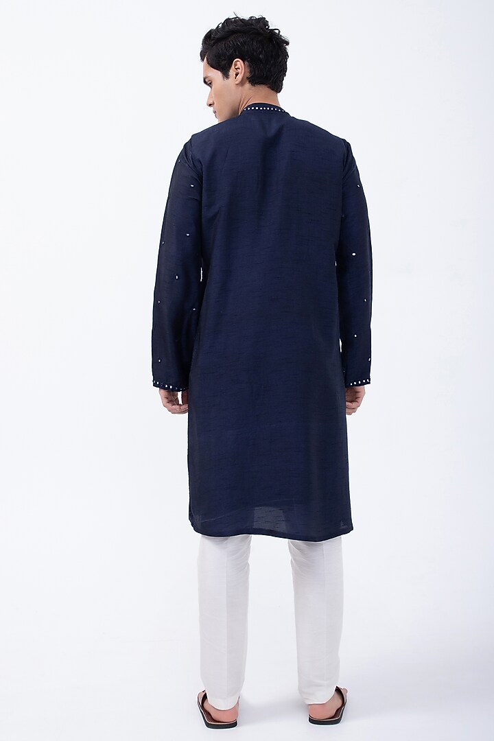 Navy Blue Bam Silk Mirror Embroidered Kurta Set by KAKA CALCUTTA at Pernia's Pop Up Shop