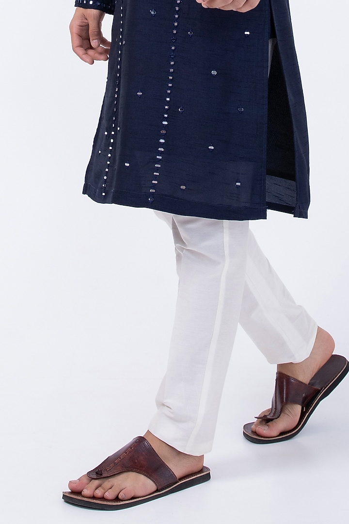 Navy Blue Bam Silk Mirror Embroidered Kurta Set by KAKA CALCUTTA at Pernia's Pop Up Shop