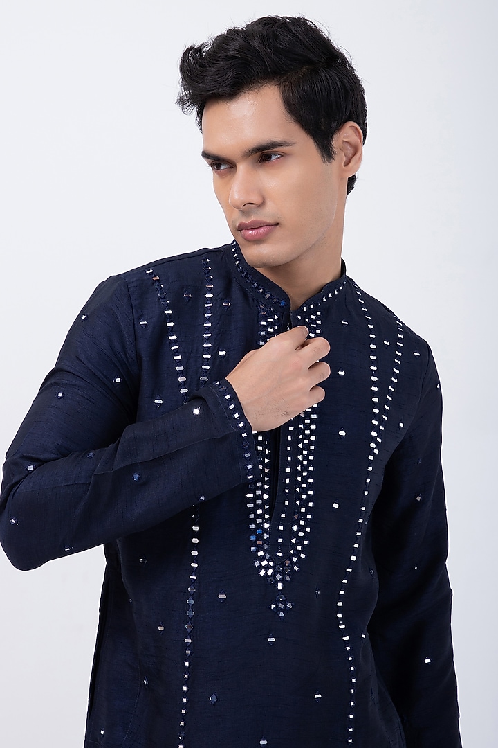 Navy Blue Bam Silk Mirror Embroidered Kurta Set by KAKA CALCUTTA at Pernia's Pop Up Shop