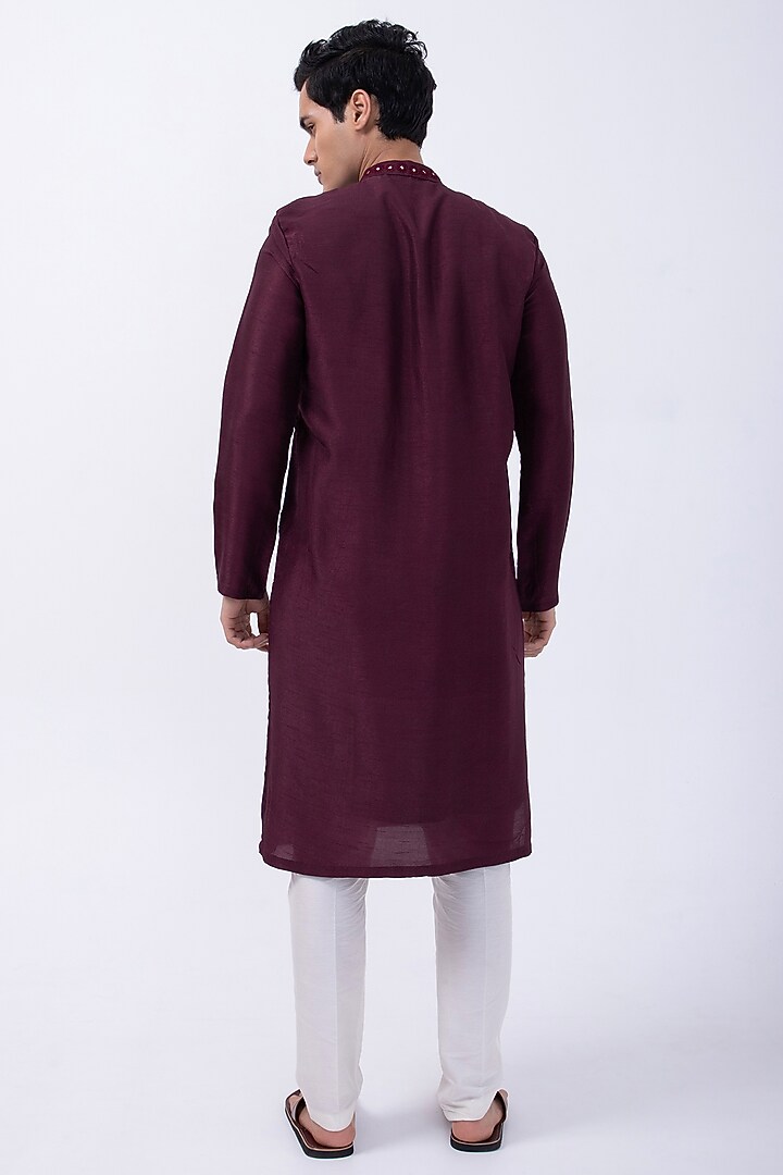 Wine Bam Silk Thread & Mirror Embroidered Kurta Set by KAKA CALCUTTA at Pernia's Pop Up Shop