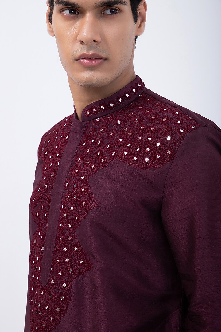 Wine Bam Silk Thread & Mirror Embroidered Kurta Set by KAKA CALCUTTA at Pernia's Pop Up Shop