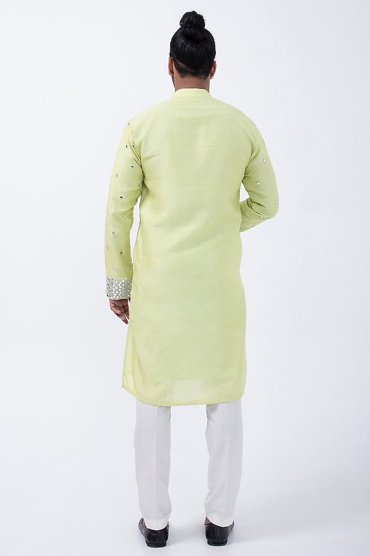 Mint Green Bam Silk Mirror Embroidered Kurta Set by KAKA CALCUTTA at Pernia's Pop Up Shop