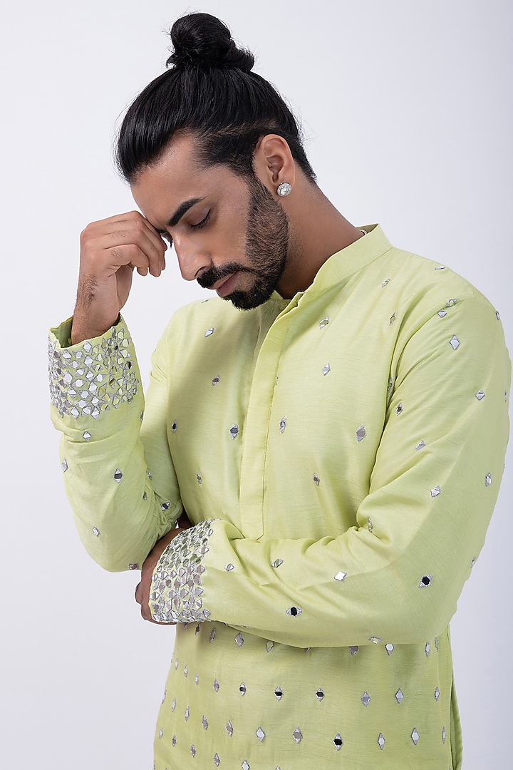 Mint Green Bam Silk Mirror Embroidered Kurta Set by KAKA CALCUTTA at Pernia's Pop Up Shop