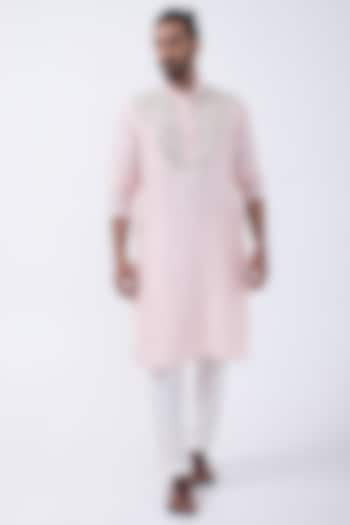 Pink Bam Silk Mirror Embroidered Kurta Set by KAKA CALCUTTA at Pernia's Pop Up Shop