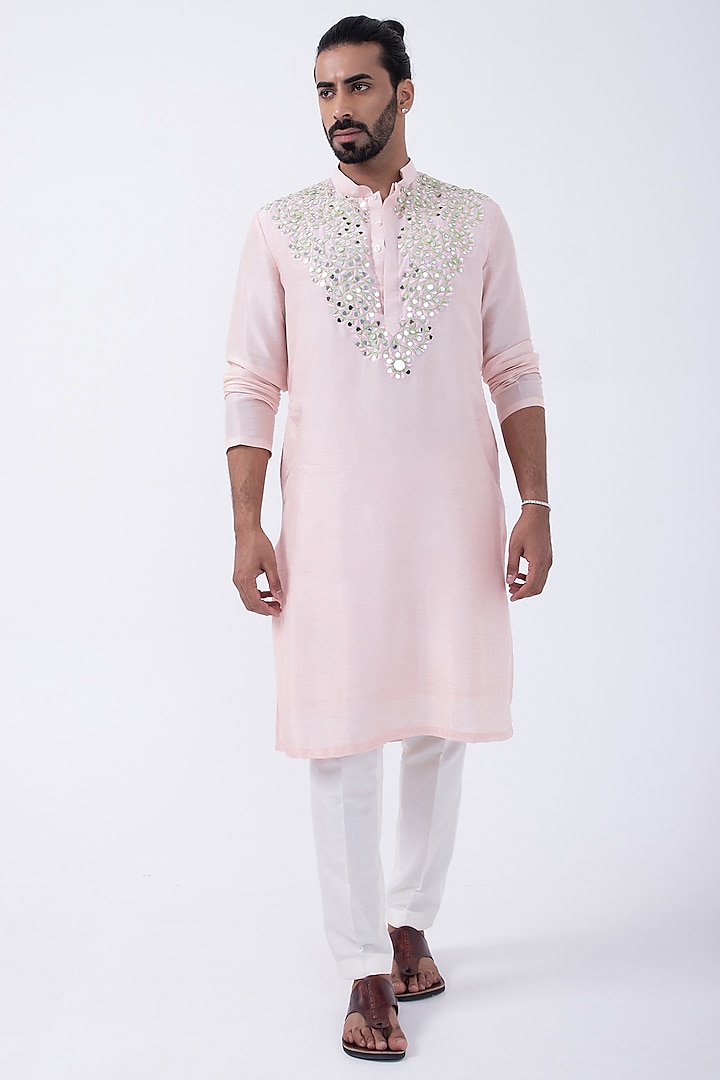 Pink Bam Silk Mirror Embroidered Kurta Set by KAKA CALCUTTA