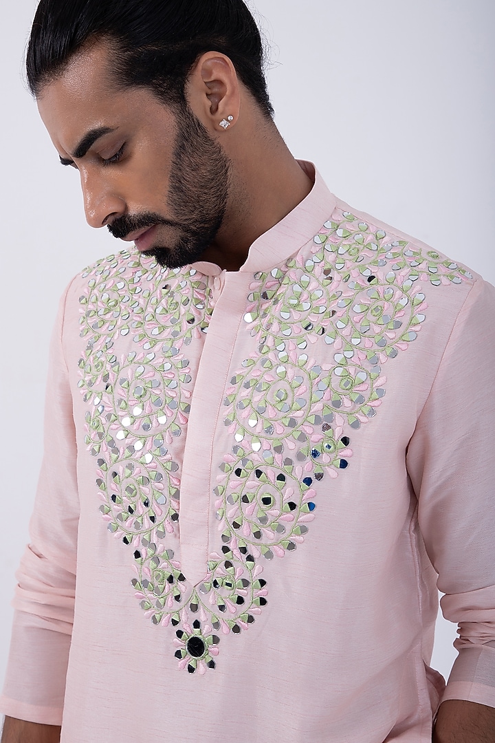 Pink Bam Silk Mirror Embroidered Kurta Set by KAKA CALCUTTA at Pernia's Pop Up Shop