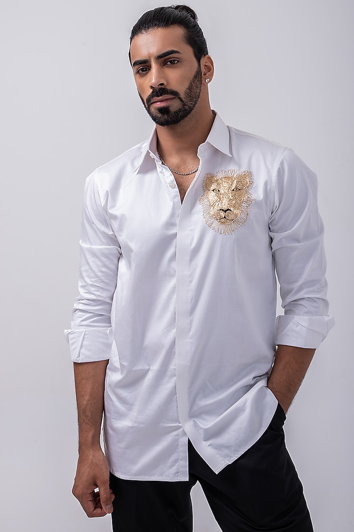 White Giza Cotton Lion Motif Hand Embroidered Shirt by KAKA CALCUTTA at Pernia's Pop Up Shop