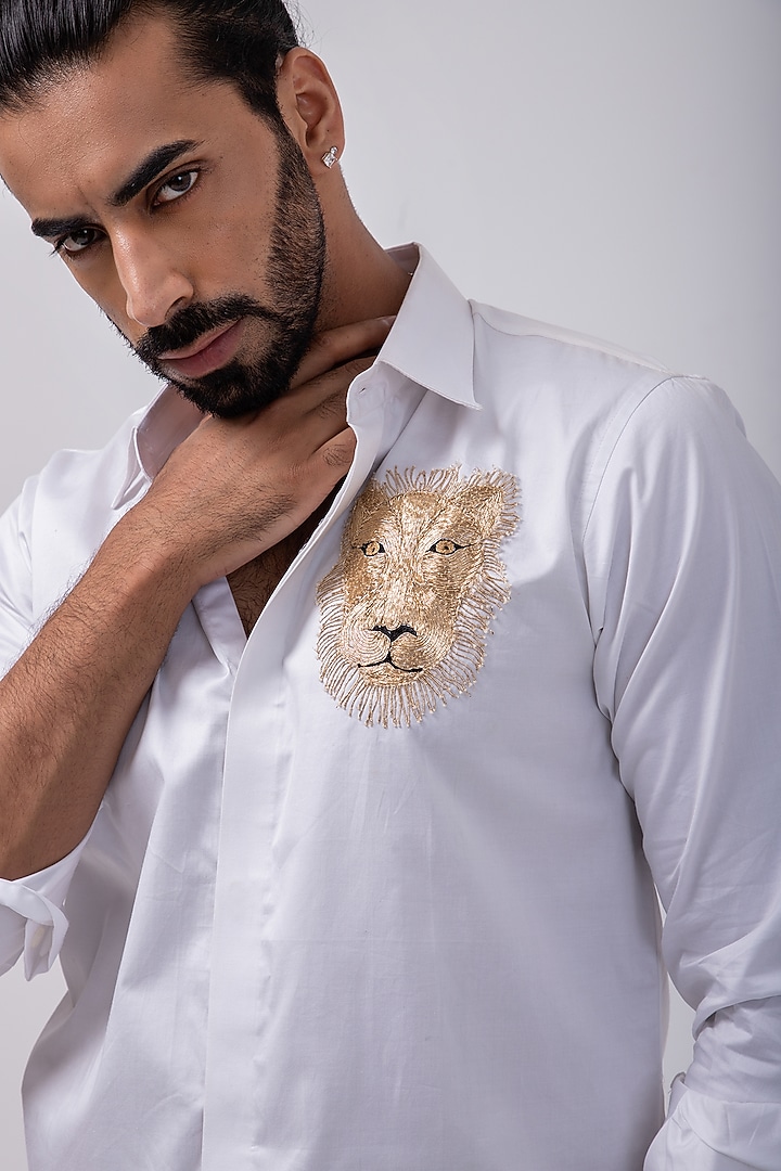 White Giza Cotton Lion Motif Hand Embroidered Party Wear Shirt by KAKA CALCUTTA at Pernia's Pop Up Shop